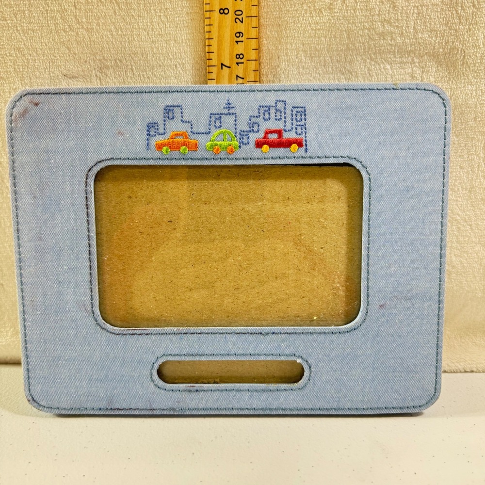 Vintage Elsa L Baby Photo Frame Blue Fabric Embroidered Cars Nursery Decor 5x3.5